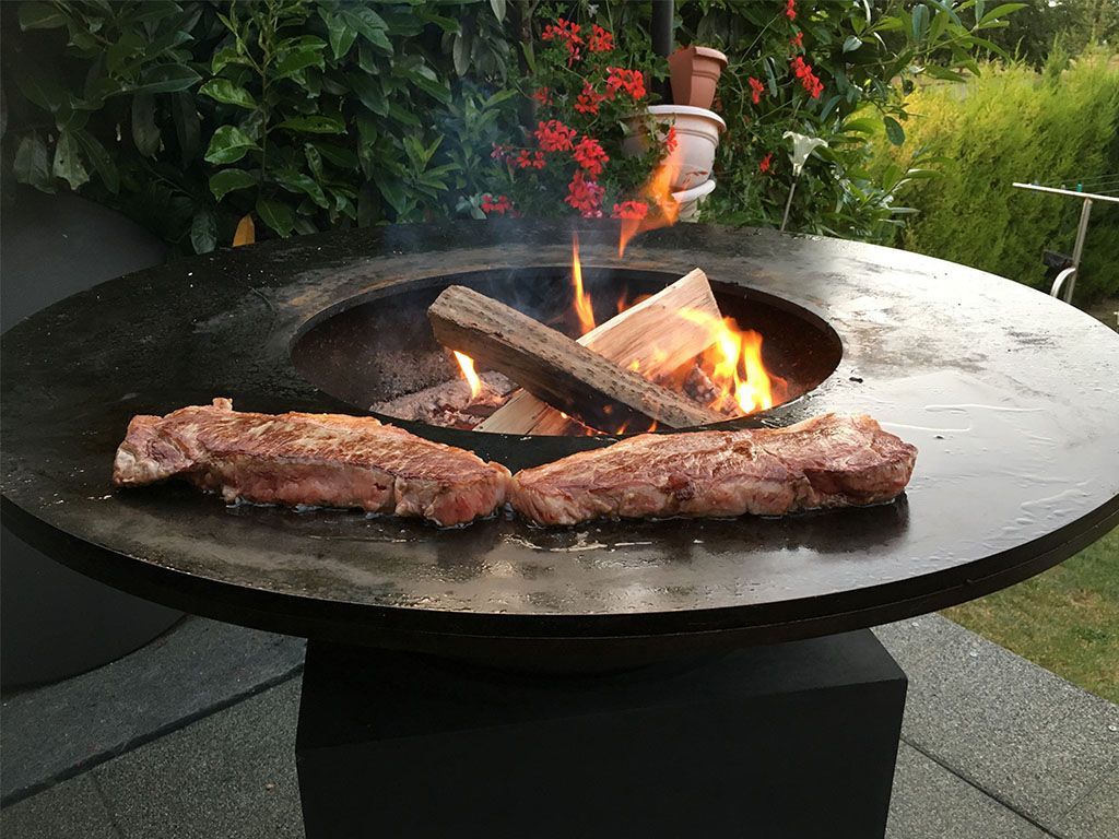 Des steaks qui cuisent sur un feu de bois, entourés de feuillage.