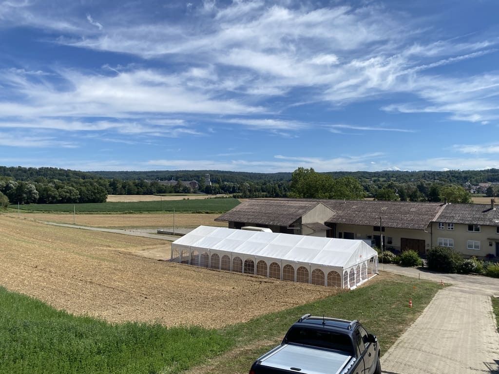 Une tente blanche dressée dans un champ, avec des bâtiments, des arbres et un ciel bleu.