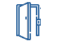 Puerta azul abierta con marco, que indica entrada o acceso.