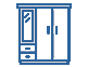 Dibujo lineal azul de un armario con espejo, dos puertas y dos cajones.