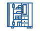 Ícono delineado en azul de un armario con cajones, estantes y un espejo en su puerta.