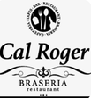 Logotipo del restaurante Cal Roger Braseria con texto negro y un emblema circular de tenedor y cuchara.