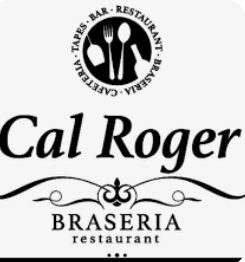 Logotipo del restaurante Cal Roger Braseria con texto negro y un emblema circular de tenedor y cuchara.
