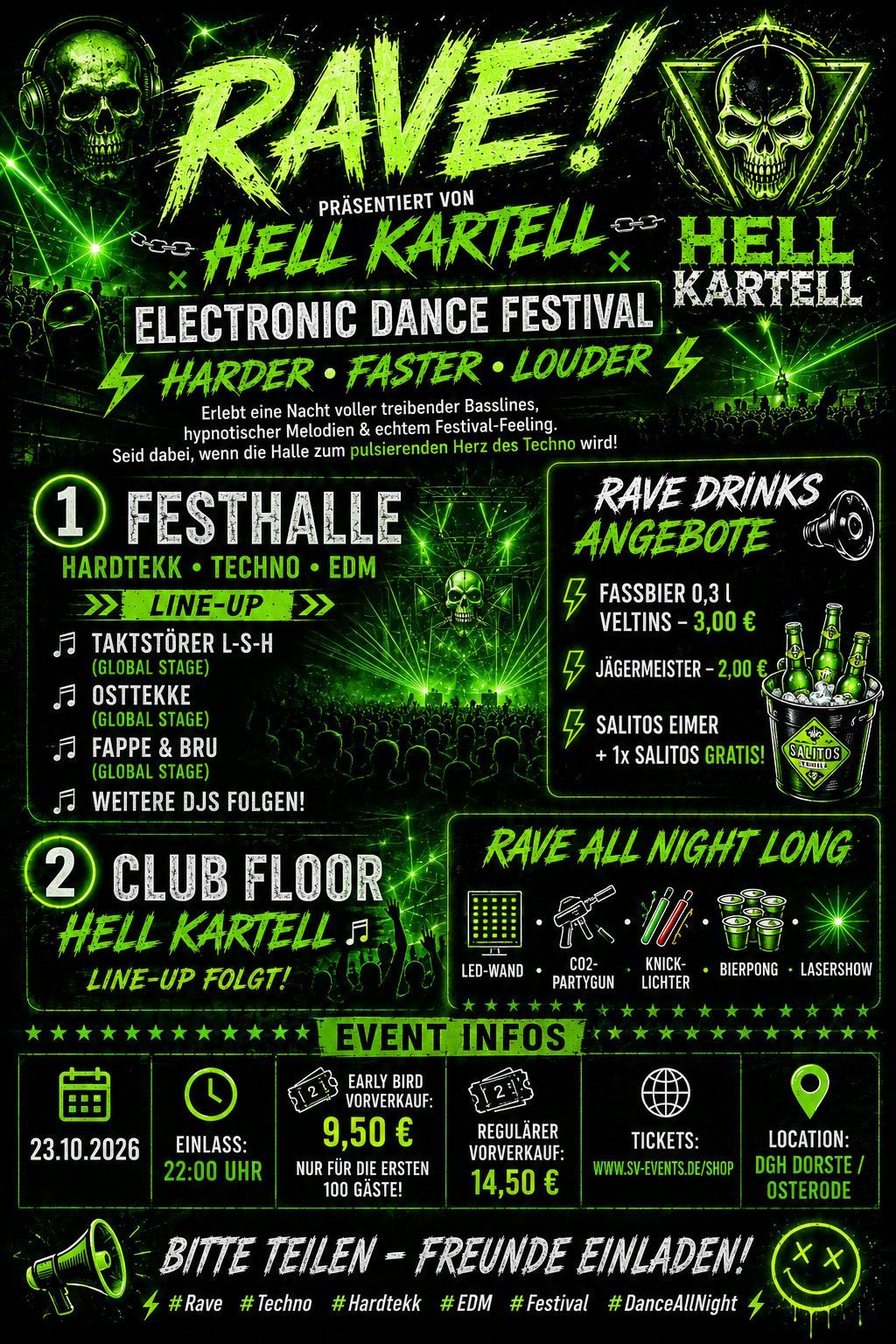 Neongrüner und schwarzer Rave-Flyer für „Hell Kartell“ mit Veranstaltungsdetails, Terminen und Line-up für den Club.