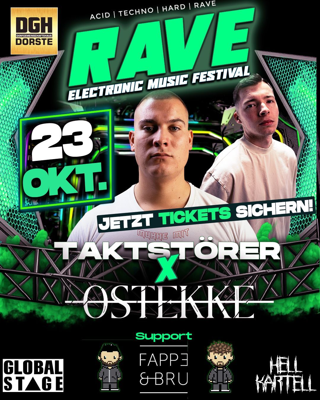Neongrünes Rave-Event-Poster mit zwei DJs, Datum 23. Oktober und Ticket-Werbetext.