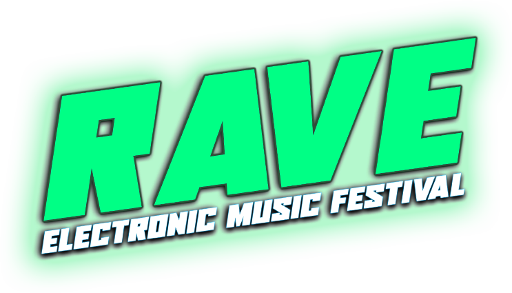 Grünes „RAVE“-Logo mit dem Schriftzug „Electronic Music Festival“ darunter auf weißem Hintergrund