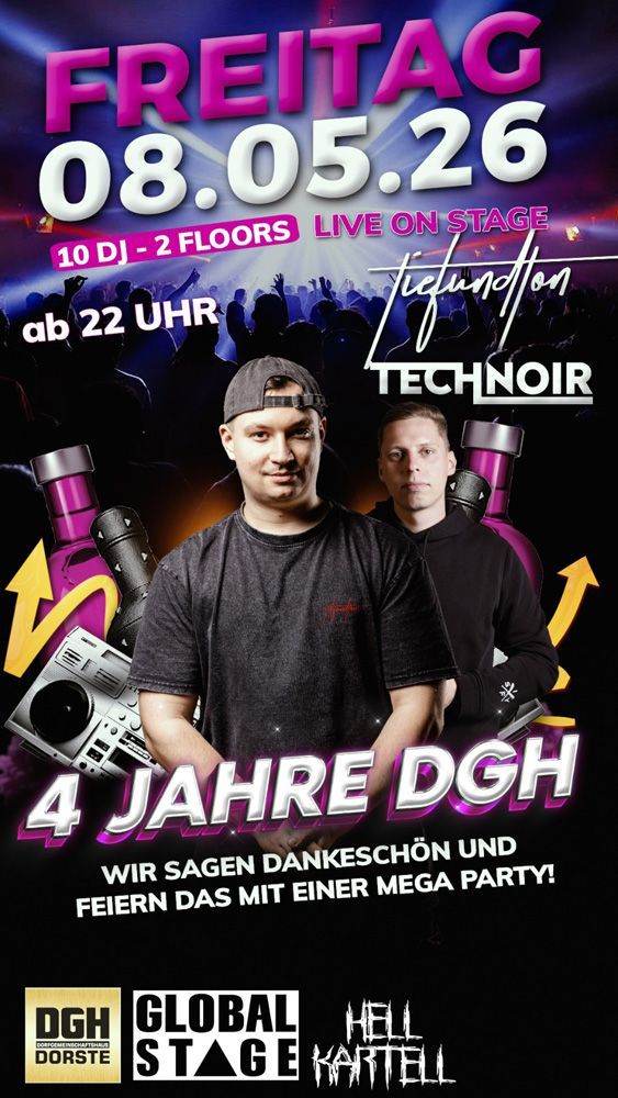 Veranstaltungsflyer für eine Techno-Party am Freitag, den 8. Mai 2026, zur Feier des 4-jährigen Jubiläums von DGH. Mit zwei DJs und allen Veranstaltungsdetails.