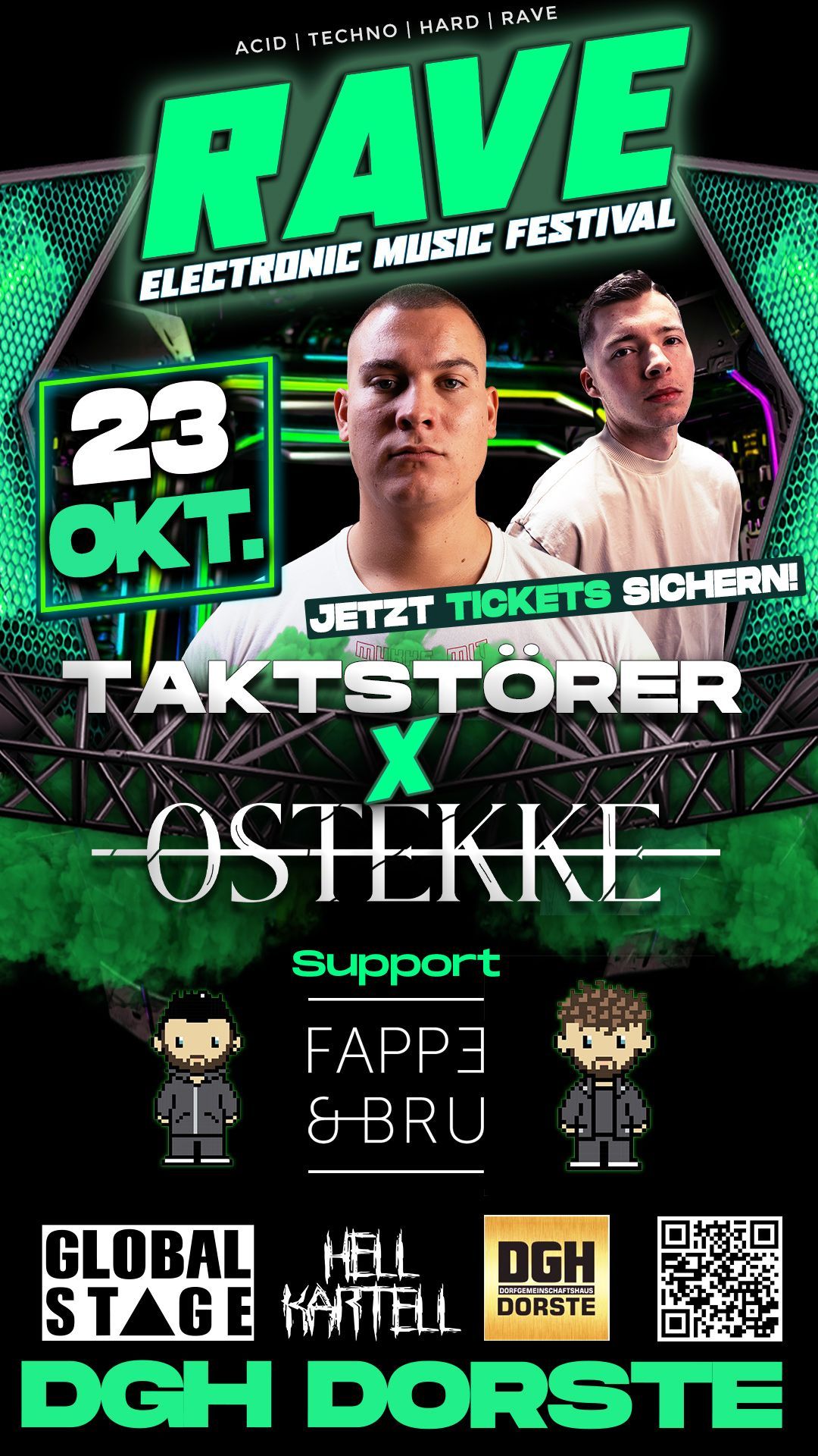 Rave-Festivalplakat für elektronische Musik mit Taktseror x Ostekke, DJ-Lineup und grünem Neon-Design