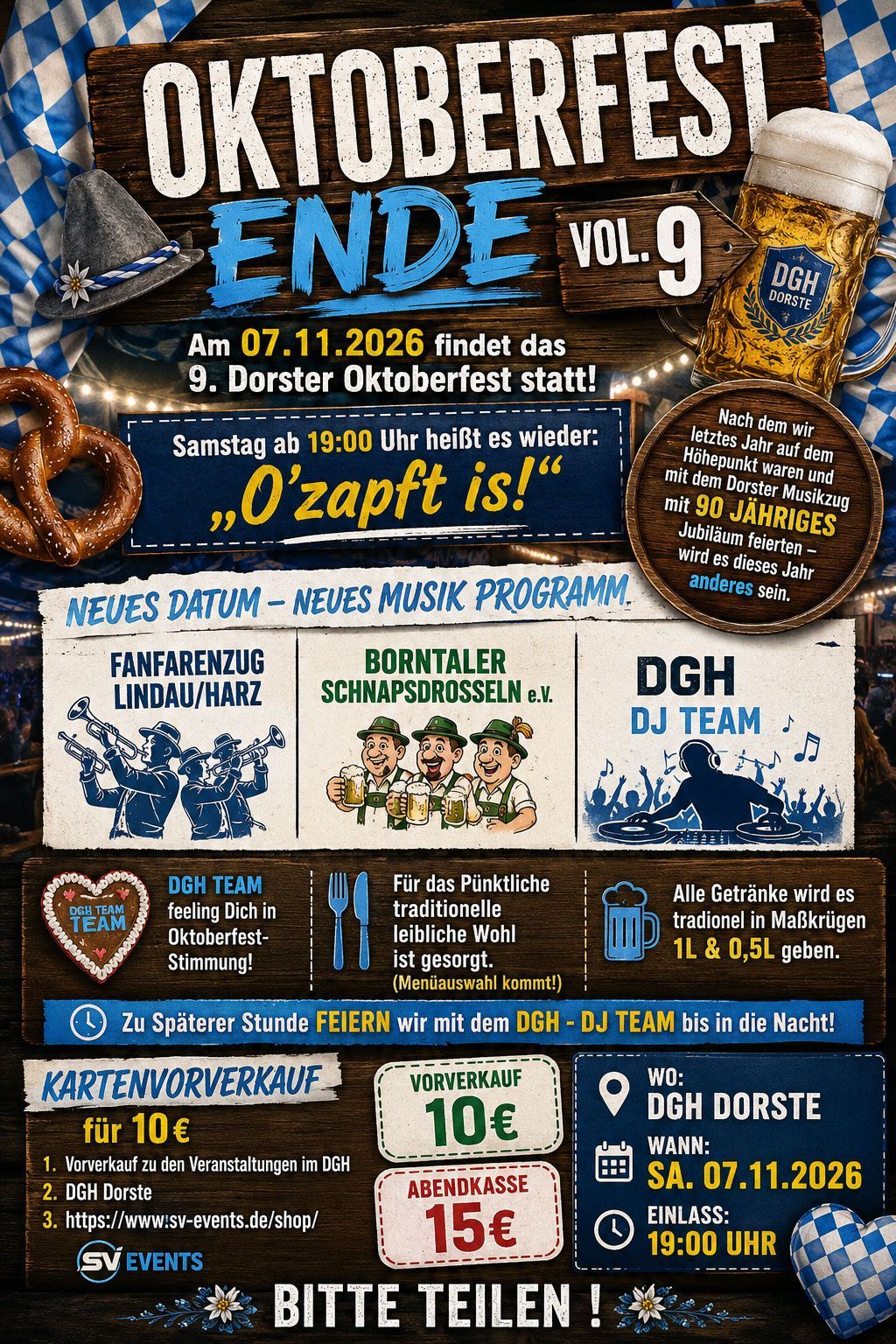 Oktoberfest-Plakat in Schwarz, Blau und Weiß mit Bierkrügen, Musikprogramm, Terminen und Veranstaltungsdetails.