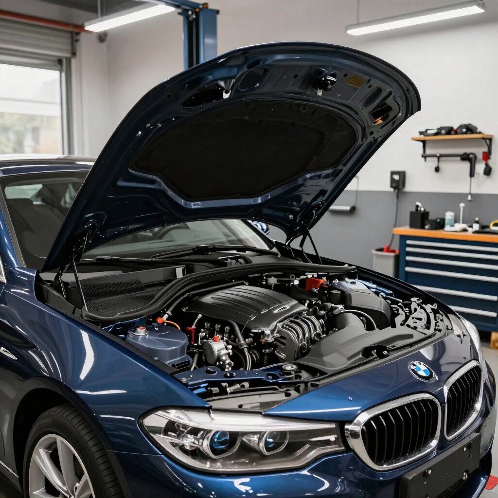 BMW azul en un garaje con el capó abierto, mostrando el compartimento del motor.