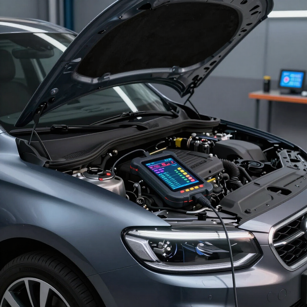 Un coche gris con el capó abierto y una tablet de diagnóstico en el compartimento del motor, dentro de un garaje