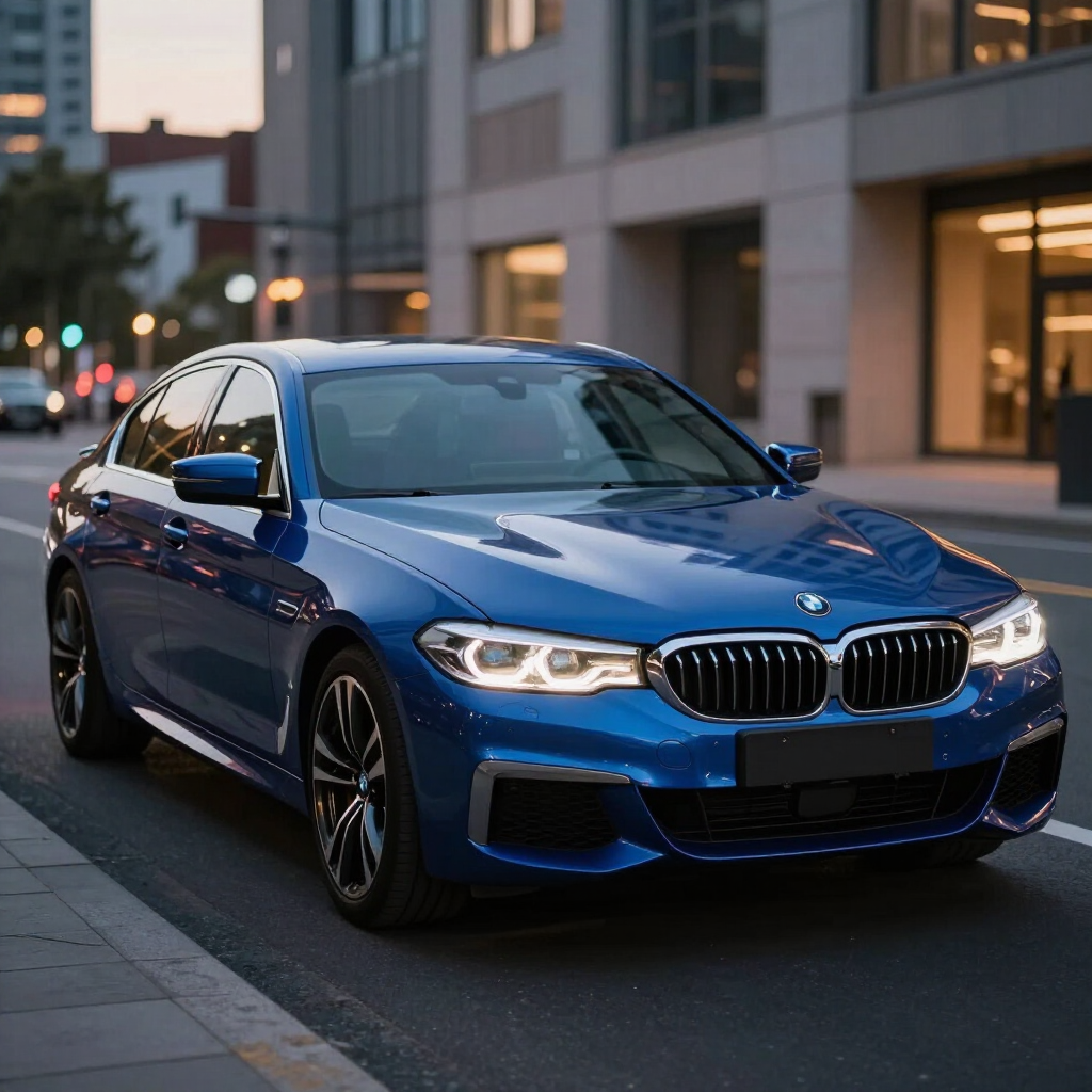 Sedán BMW azul estacionado en una calle de la ciudad al anochecer