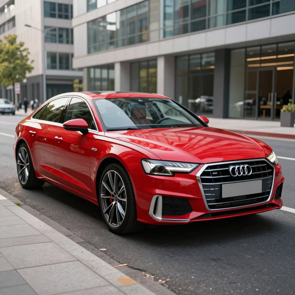 Sedán Audi rojo estacionado en una calle de la ciudad, junto a modernos edificios de oficinas
