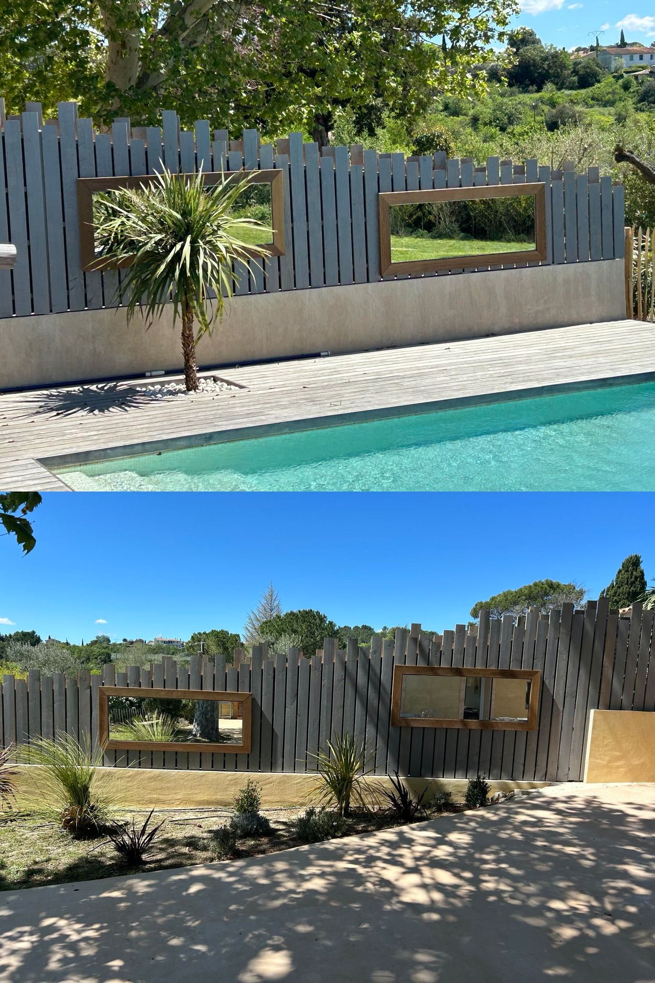 Deux vues d'une piscine et d'une clôture grise aux ouvertures rectangulaires. Un petit palmier se trouve à proximité.