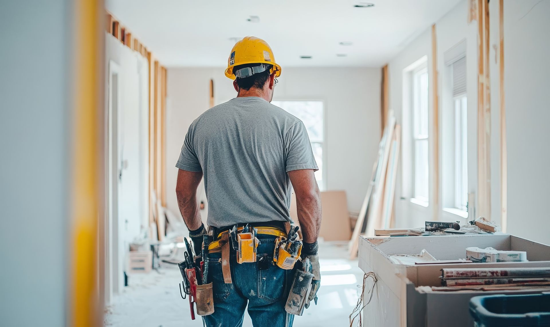 Un ouvrier portant un casque et une ceinture à outils marche dans un couloir lumineux en rénovation