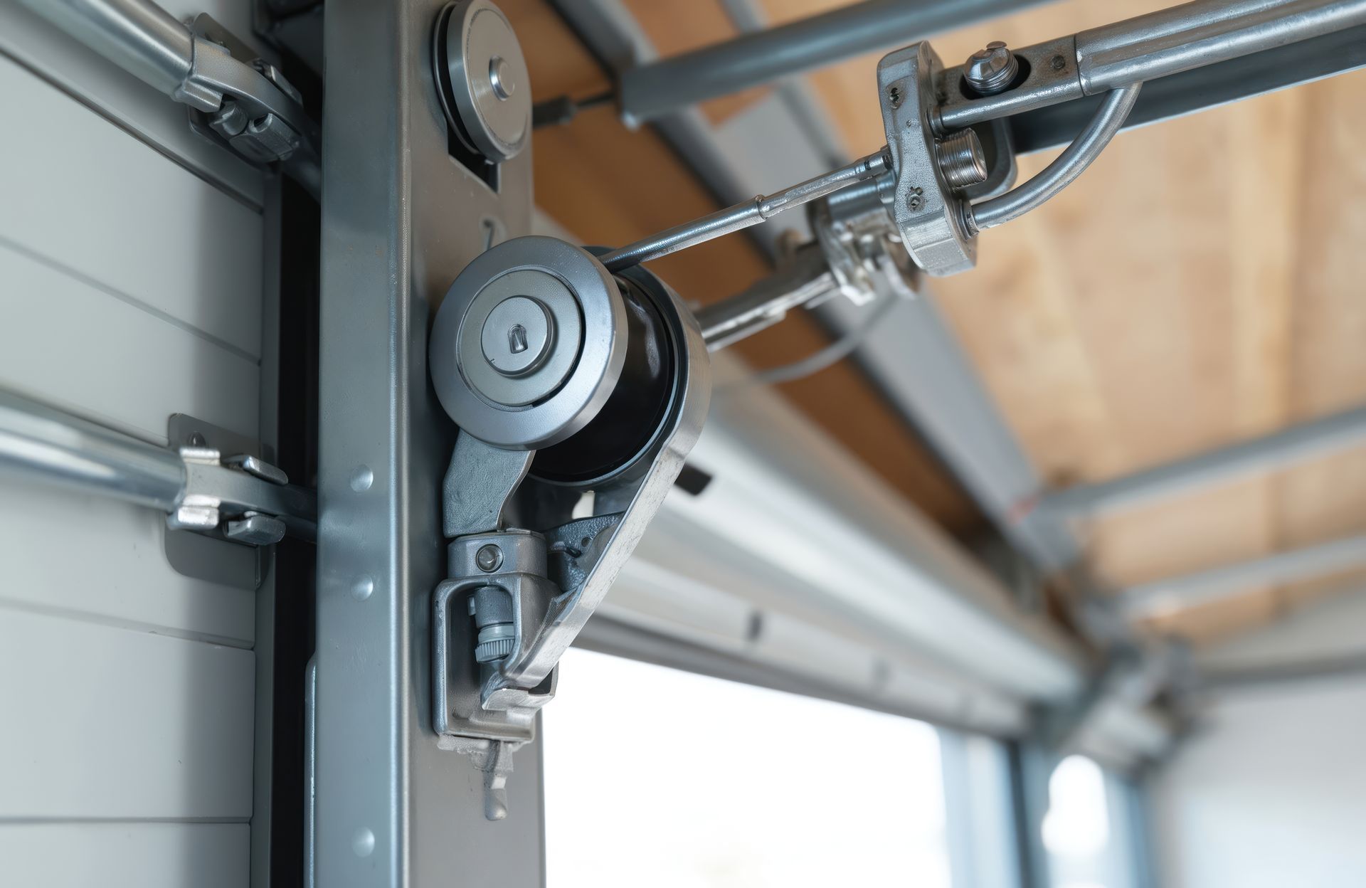 Gros plan sur le mécanisme d'ouverture d'une porte de garage avec rail métallique, poulie et câble.