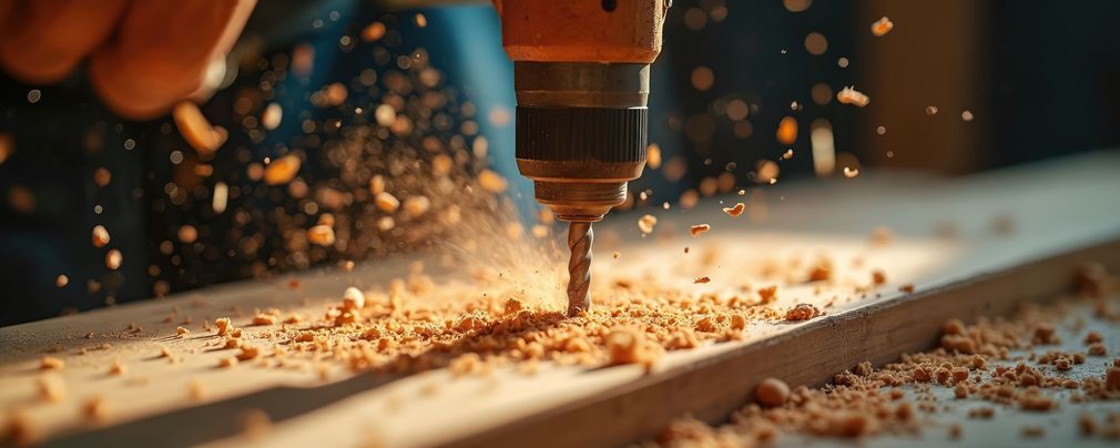 Gros plan d'une mèche de perceuse perçant du bois, la sciure volant sous la lumière chaude de l'atelier.