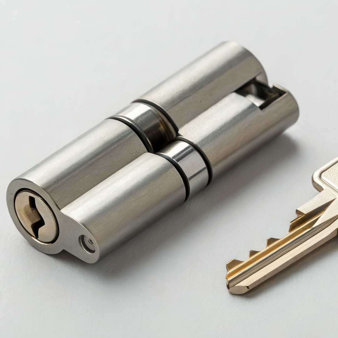 Cylindre de serrure de porte en métal argenté avec une clé à côté sur fond blanc.