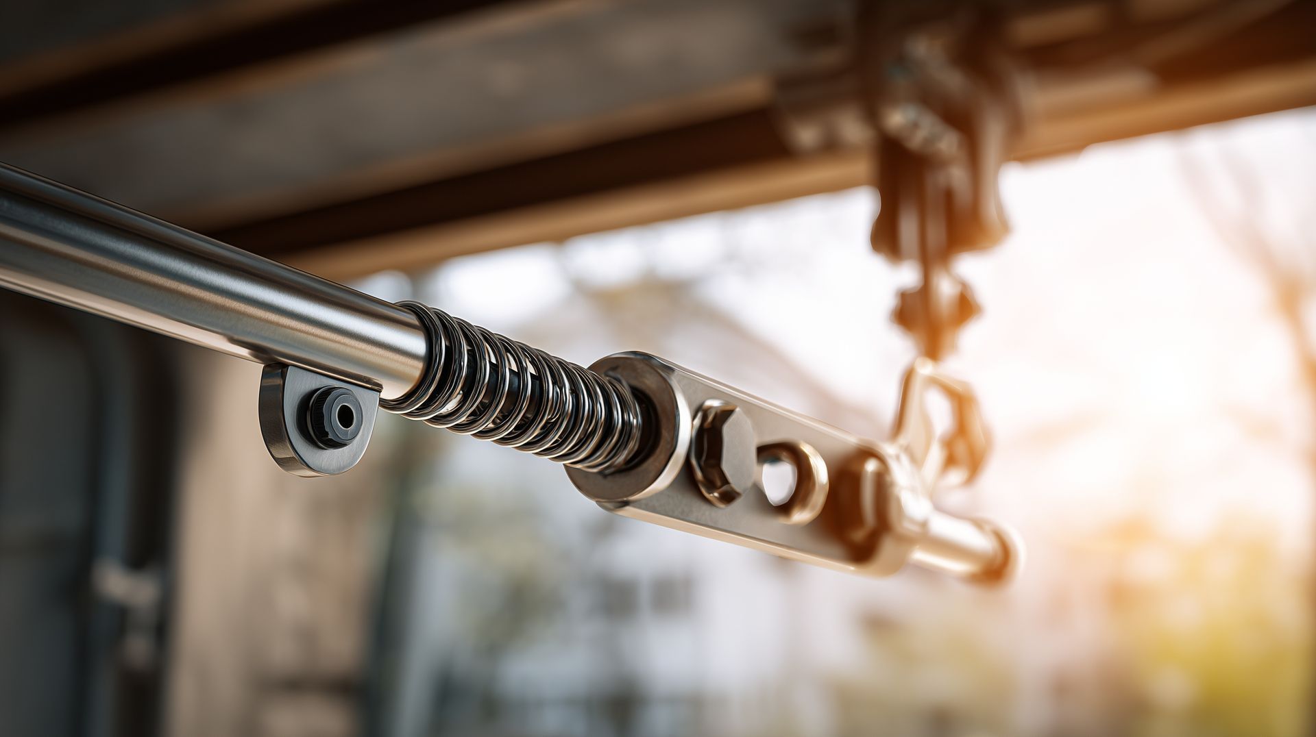 Gros plan d'un mécanisme à ressort et câble métallique monté sur un cadre de porte de garage.