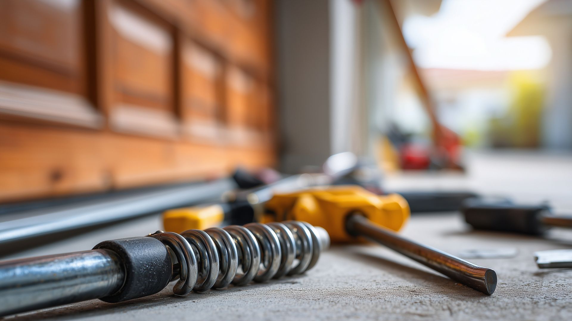 Outils à main sur un établi, notamment un tournevis et un ressort métallique enroulé.