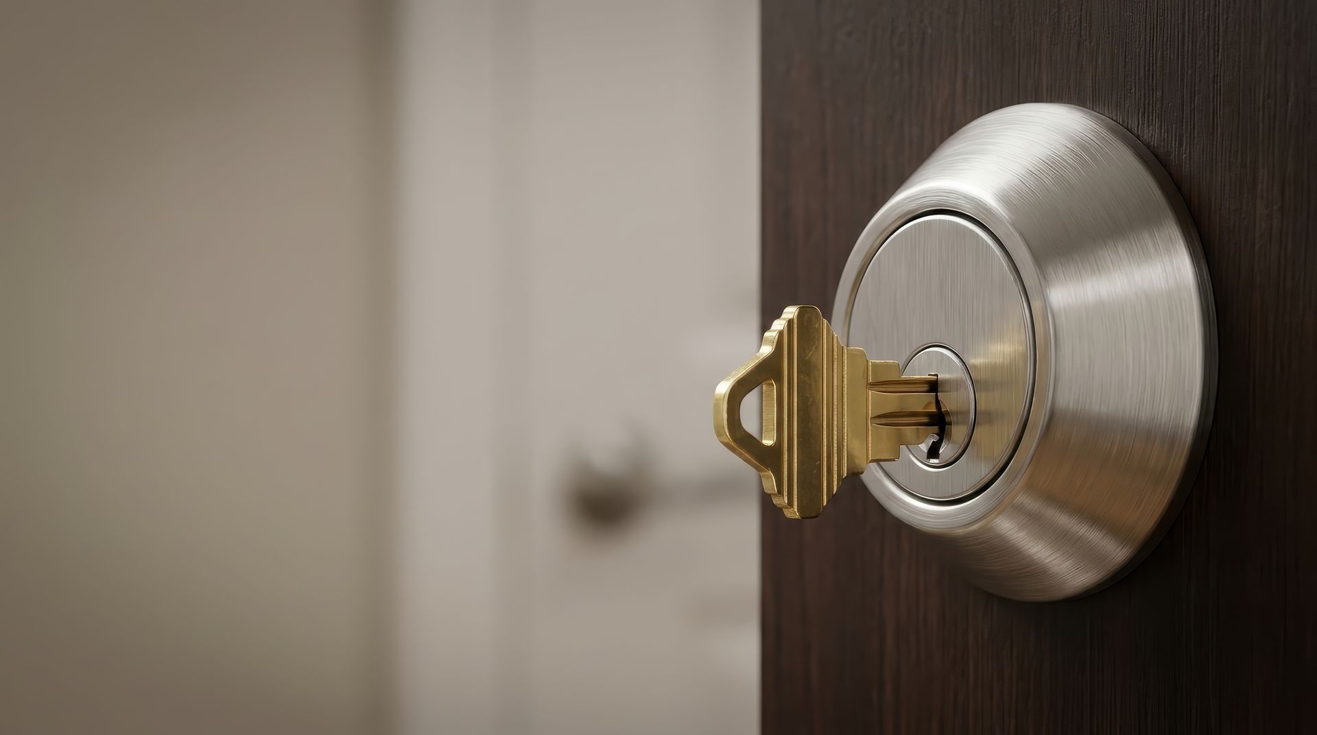Gros plan sur une serrure de porte en métal brossé avec une clé insérée sur une porte en bois foncé.