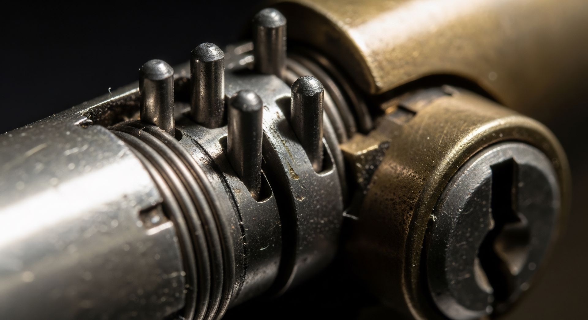 Gros plan sur le mécanisme d'un cadenas métallique avec serrure et goupilles apparentes, dans les tons argent et laiton.