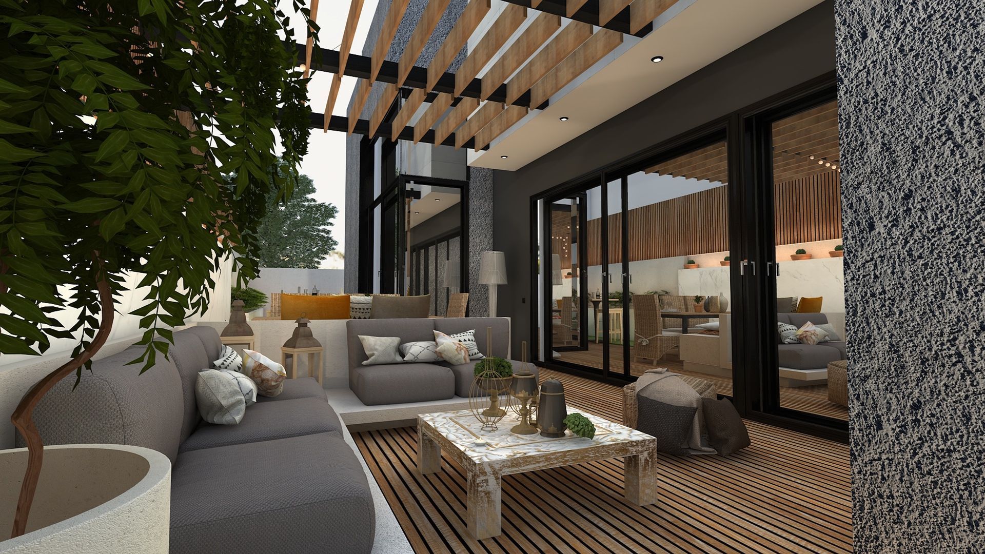 Patio extérieur moderne avec canapé d'angle gris, table basse, pergola et portes coulissantes en verre.