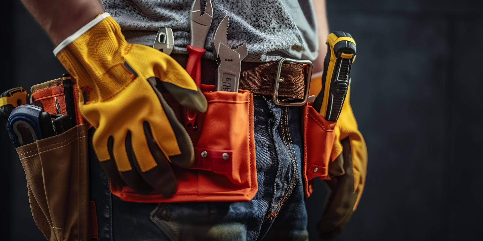 Ouvrier du bâtiment ganté de jaune, portant une ceinture à outils et des pochettes à la taille.