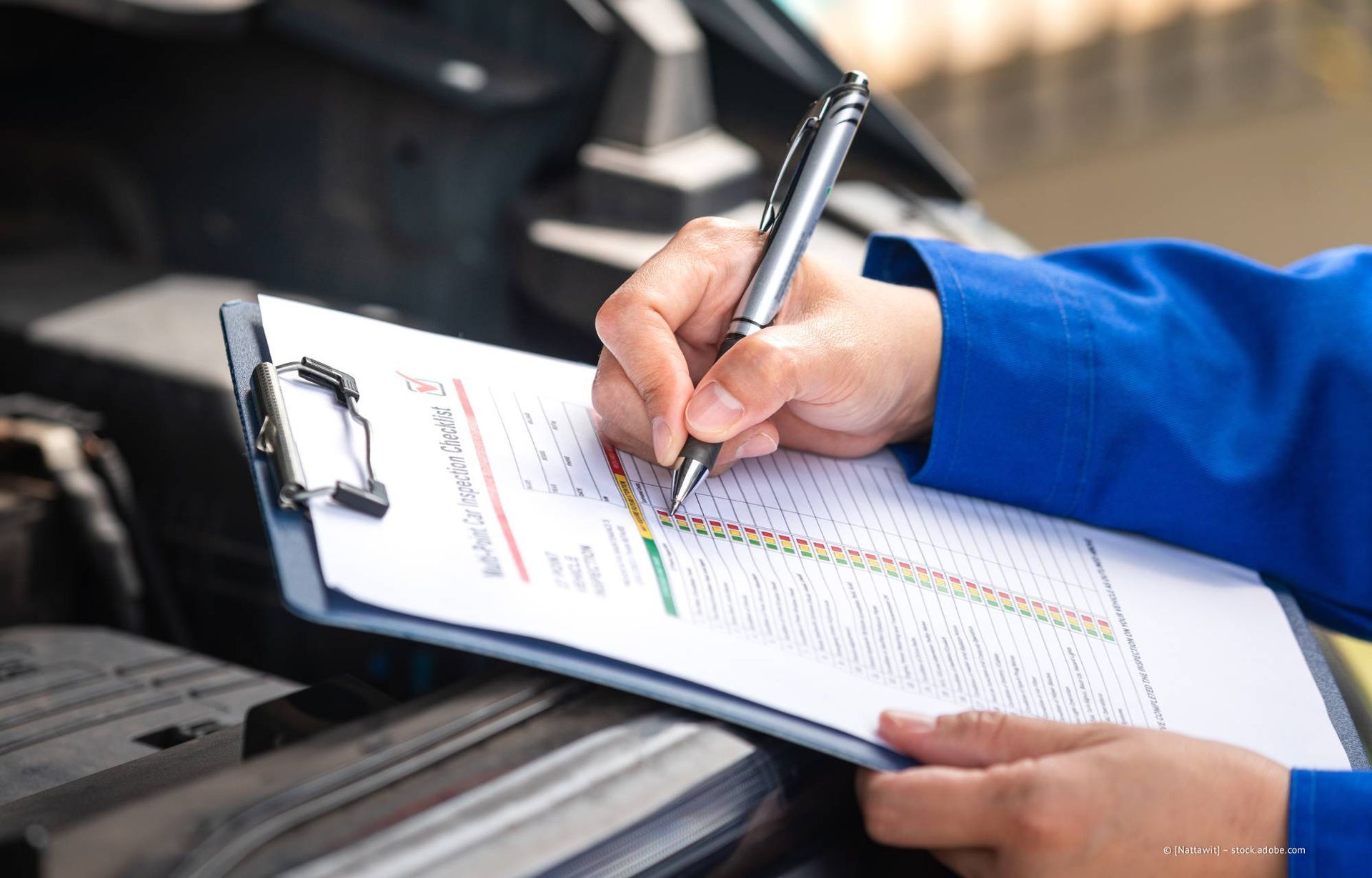 Mechaniker schreibt auf einem Klemmbrett und untersucht einen Automotor. Blaue Uniform, Stift in der Hand.