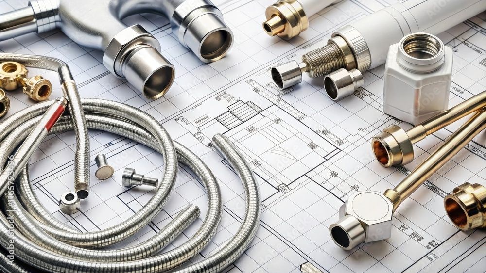 Auf einem Bauplan liegen mehrere Sanitärteile.