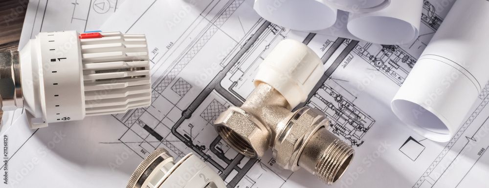 Eine Nahaufnahme eines Ventils auf einer Blaupause.