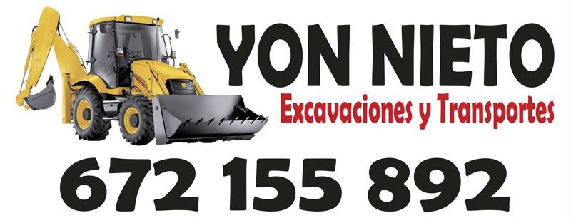 Excavadora amarilla y logotipo de la empresa con número de teléfono. El texto dice 