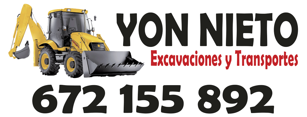 Retroexcavadora amarilla con texto "YON NIETO Excavaciones y Transportes" y número de teléfono "672 155 892".