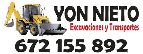 Retroexcavadora amarilla con texto "YON NIETO Excavaciones y Transportes" y número de teléfono "672 155 892".