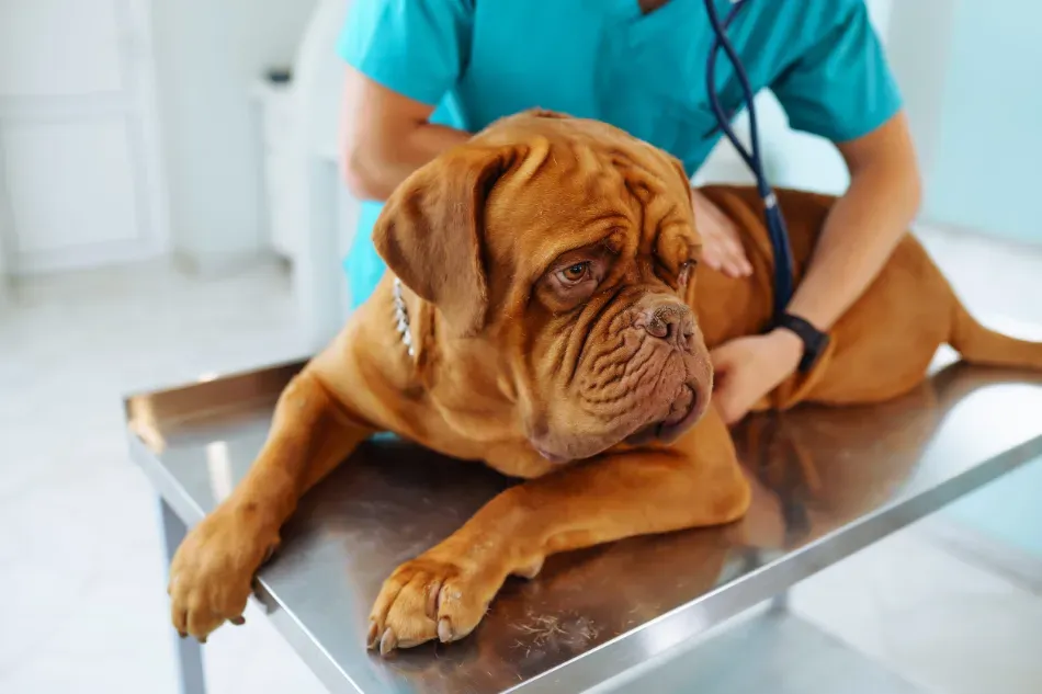 Perro marrón tumbado sobre una mesa de exploración mientras un veterinario lo examina con un estetoscopio.