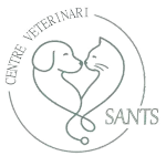 Logotipo del Centre Veterinari Sants, con un perro y un gato dibujados linealmente dentro de un contorno circular.