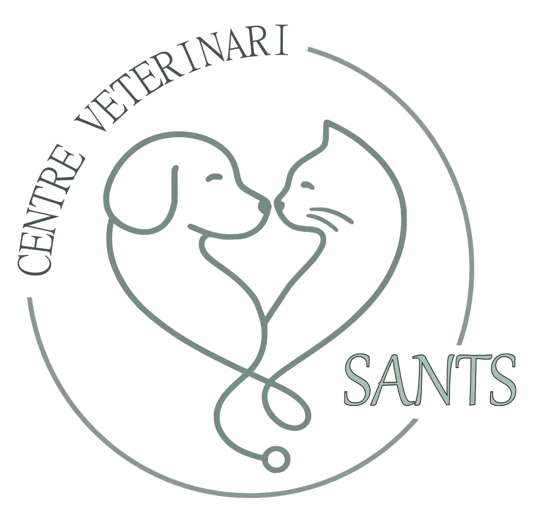 Logotipo del Centre Veterinari Sants, con un perro y un gato dibujados linealmente dentro de un contorno circular.