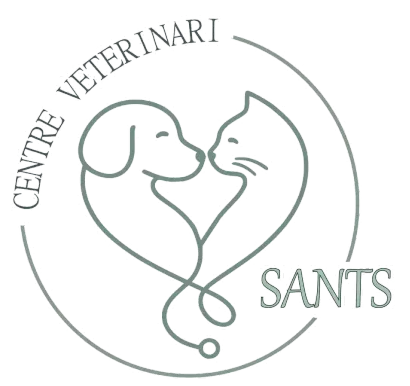 Logotipo del Centre Veterinari Sants, con un perro y un gato dibujados linealmente dentro de un contorno circular.