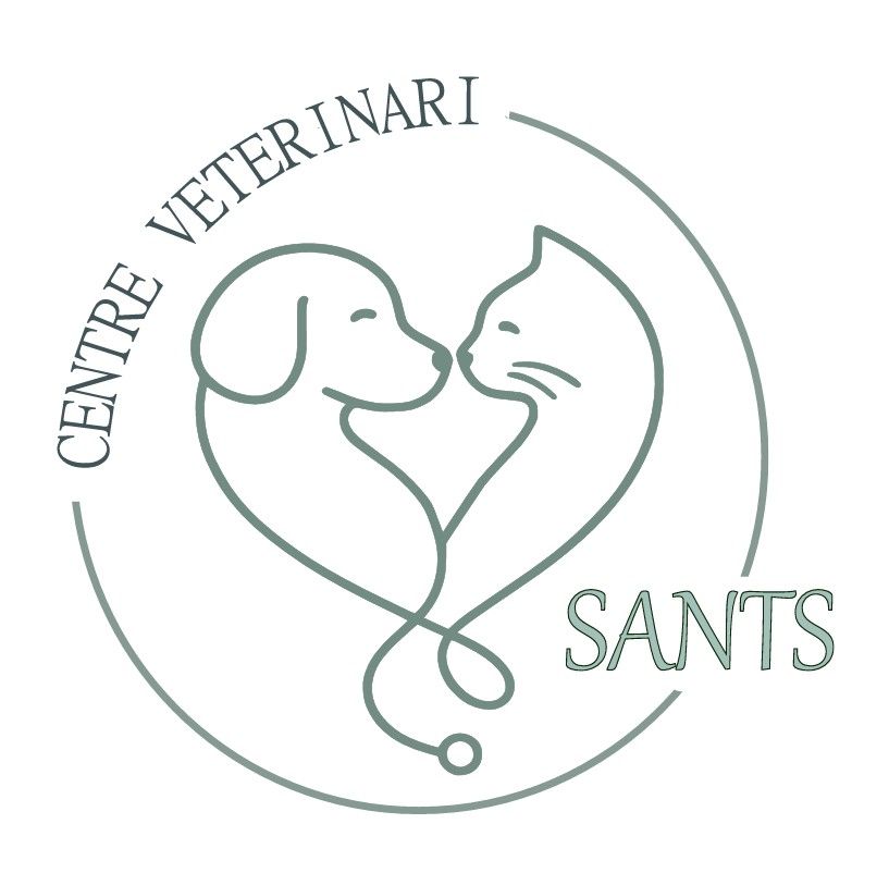 Logotipo del Centro Veterinario Sants con un perro y un gato formando un corazón alrededor de un estetoscopio.