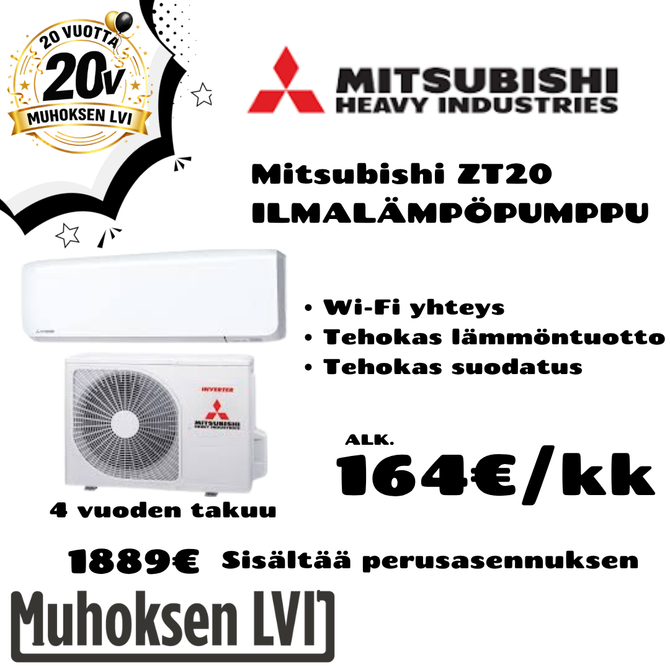 Mitsubishi ilmalämpöpumppu -mainos: seinämalli, ulkoyksikkö, 164 €/kk ja 4 vuoden takuu.