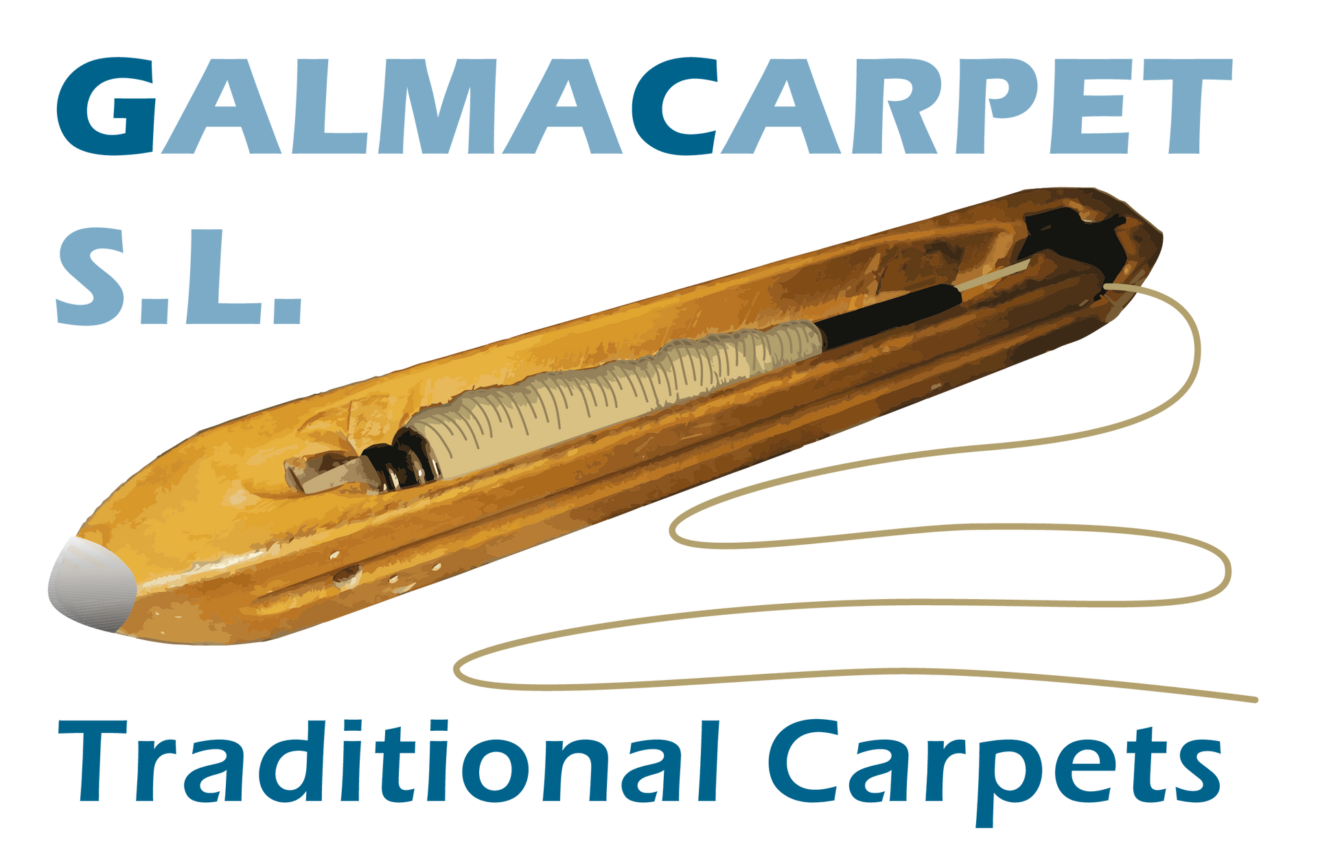 Logotipo de Galmacarpet SL que muestra una lanzadera de madera con hilo blanco y el texto "Alfombras tradicionales".