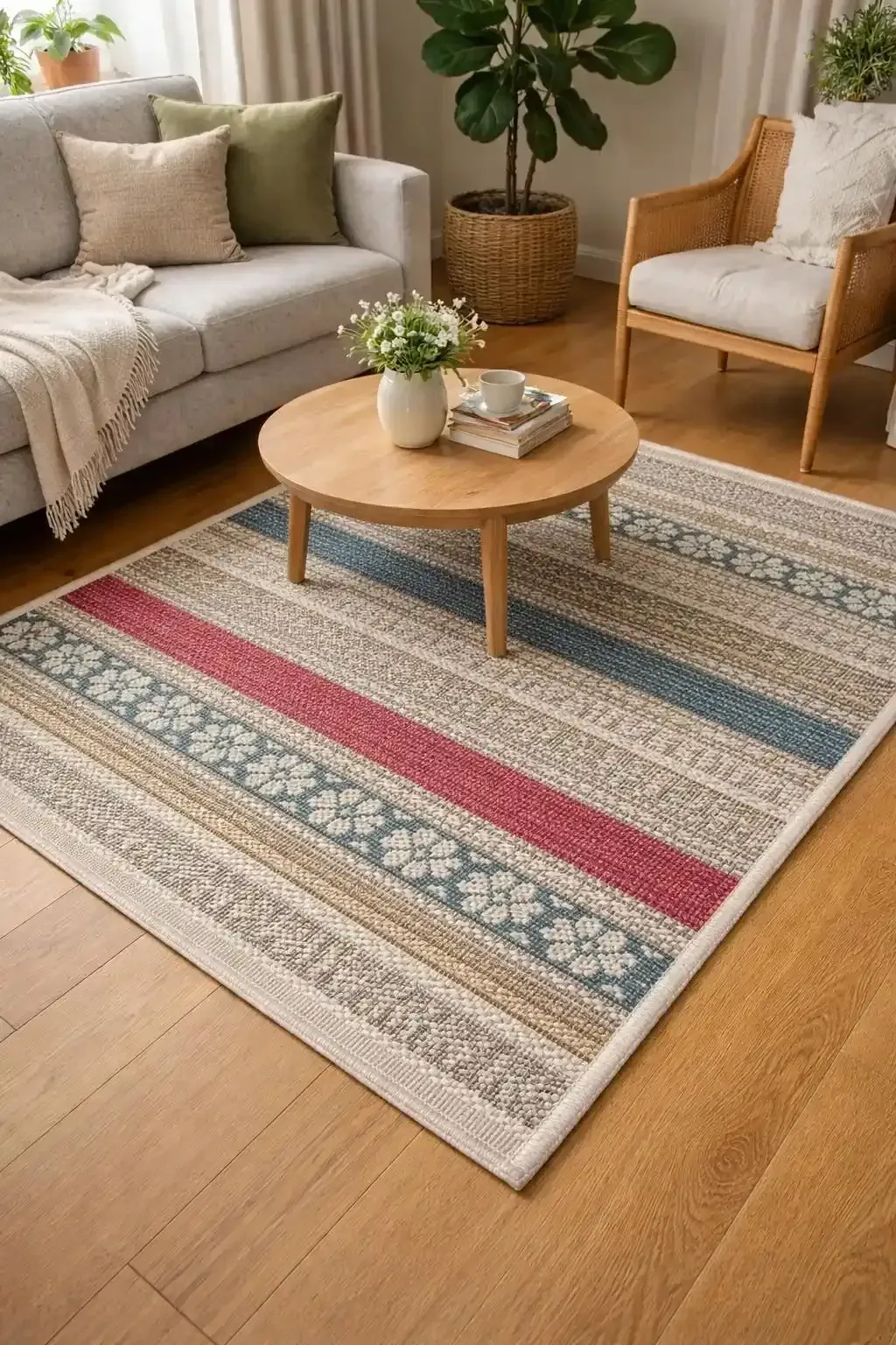 Una alfombra roja con intrincados estampados florales en negro, verde y azul