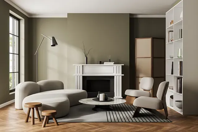 Una sala de estar con sofá, sillas, mesa de café y chimenea.