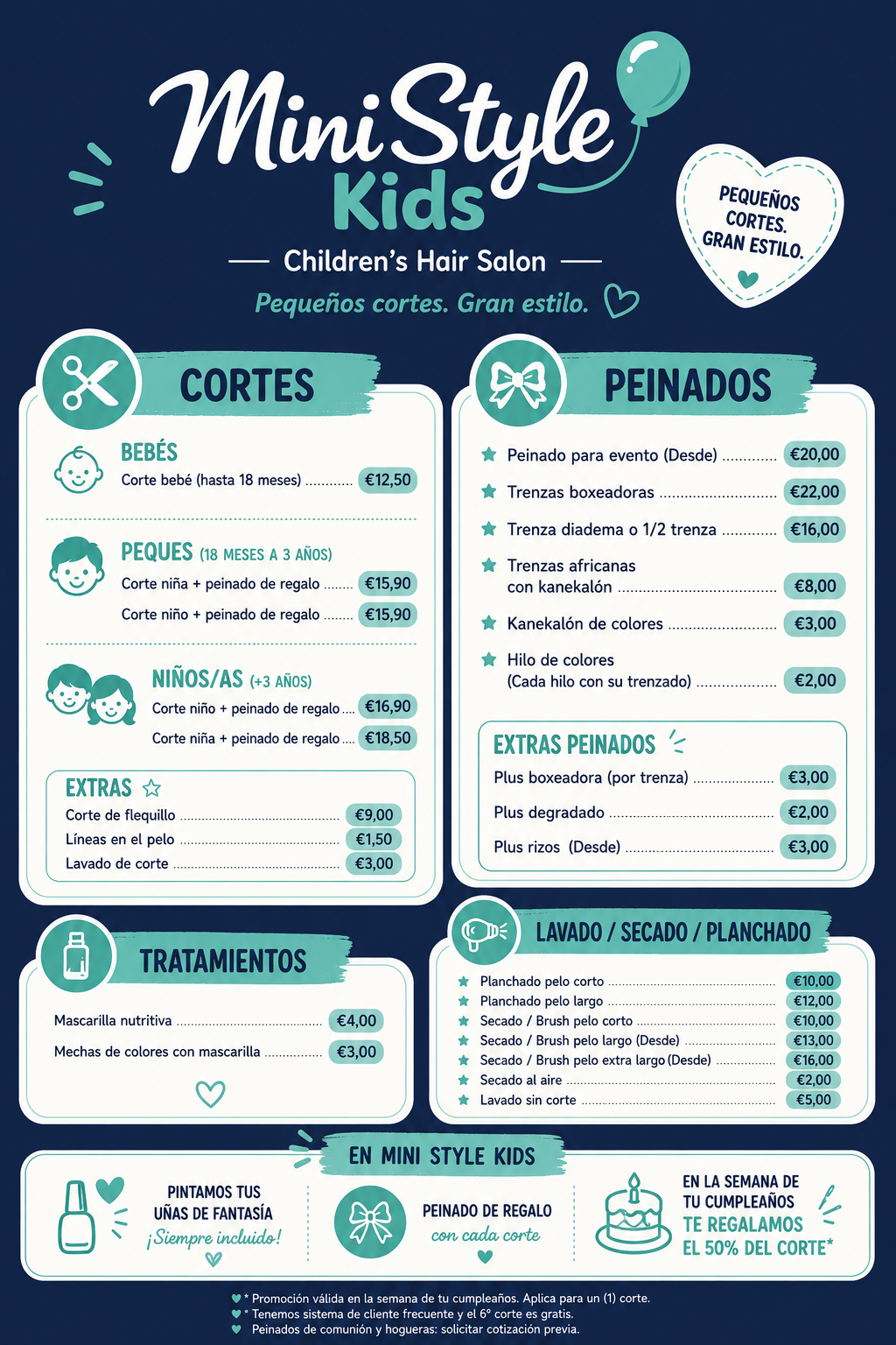 Lista de precios del salón MiniStyle Kids en color turquesa y blanco con servicios de cortes, peinados y tratamientos.