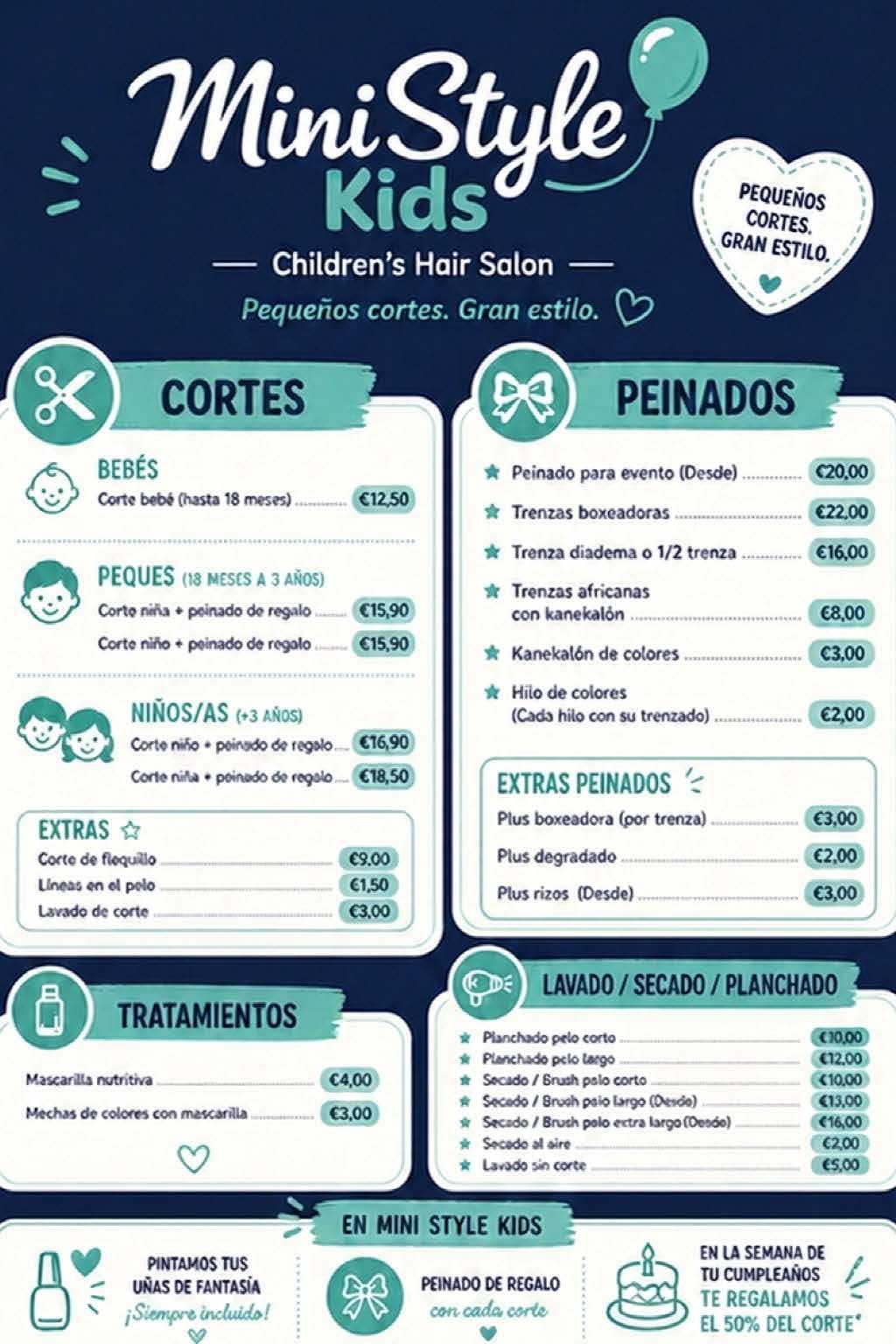 Lista de precios del salón MiniStyle Kids en color turquesa y blanco con servicios de cortes, peinados y tratamientos.