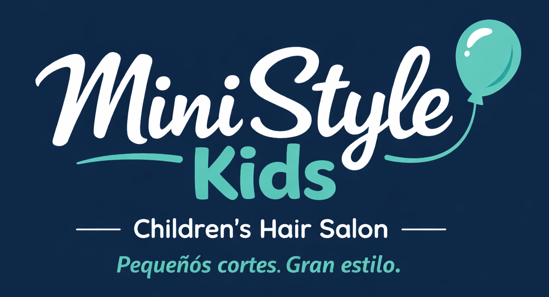 Logotipo de MiniStyle Kids con un globo turquesa sobre fondo azul oscuro y el eslogan "Peluquería Infantil".