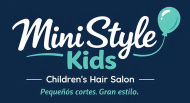 Logotipo de MiniStyle Kids con un globo turquesa sobre fondo azul oscuro y el eslogan "Peluquería Infantil".