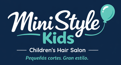 Logotipo de MiniStyle Kids con un globo turquesa sobre fondo azul oscuro y el eslogan "Peluquería Infantil".