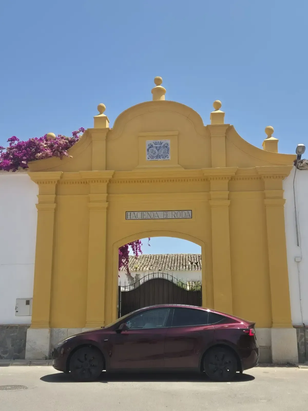 Una pareja vestida de gala sale de un lujoso coche negro en un evento nocturno al aire libre con arreglos florales de fondo.