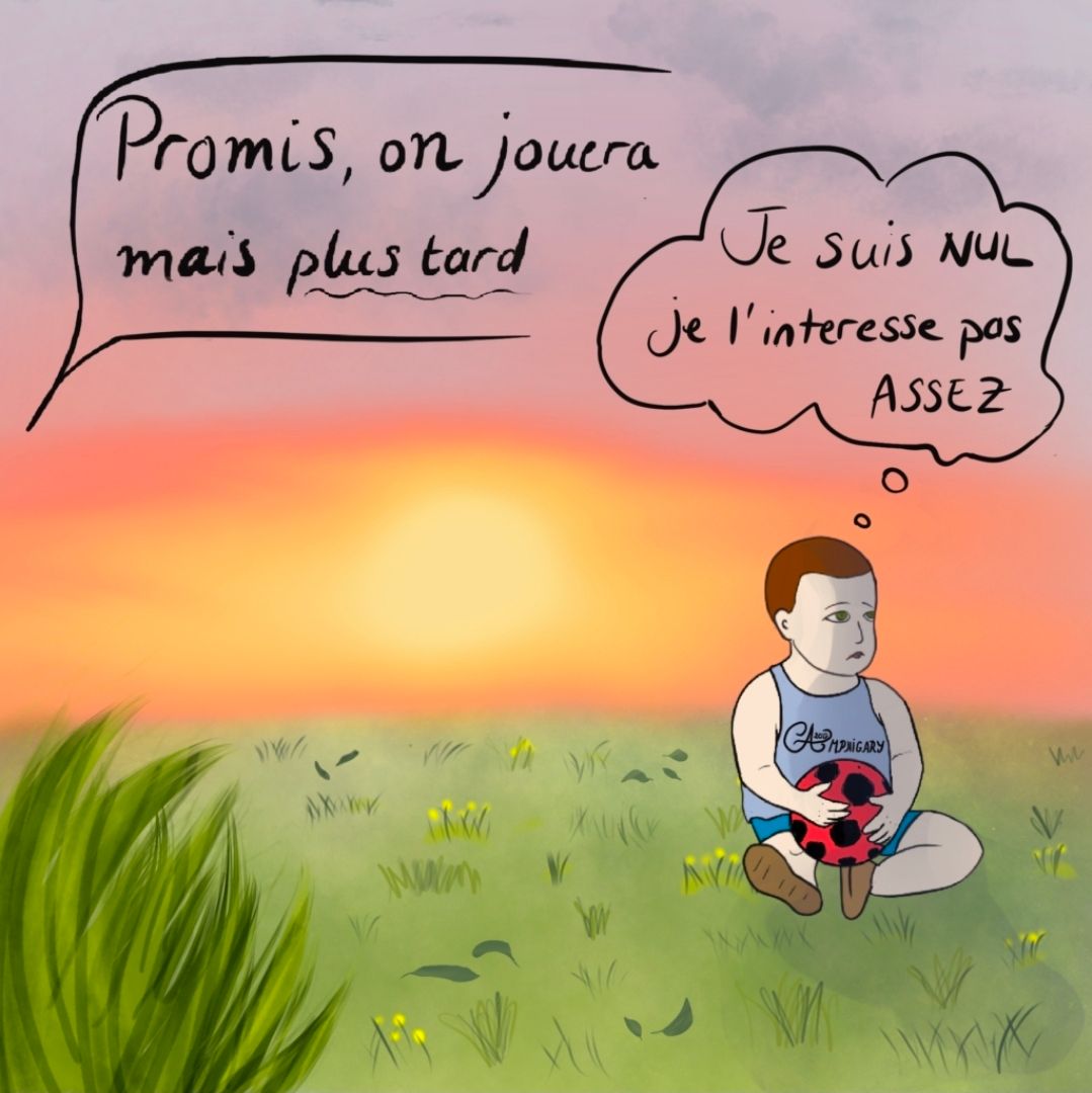 Dessin d'enfant assis dans l'herbe tenant un ballon